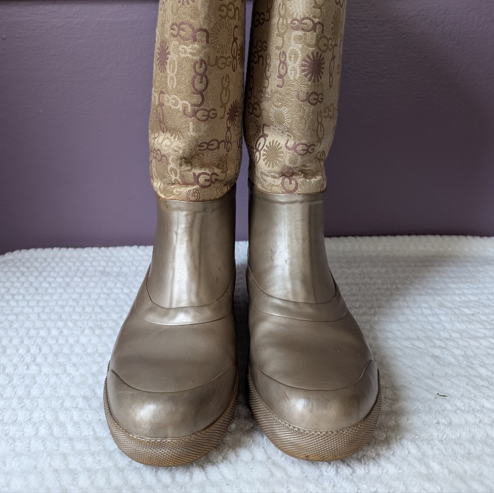 VTG Y2K UGG Wallingford Wellies Gold Sheepskin Logo Print Rain Boots Women's 7 - Picture 8 of 14